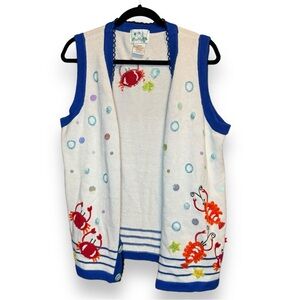 Vintage 1990 Quacker Factory Crab Beach 3D Summer Embroidered Sweater Vest Large